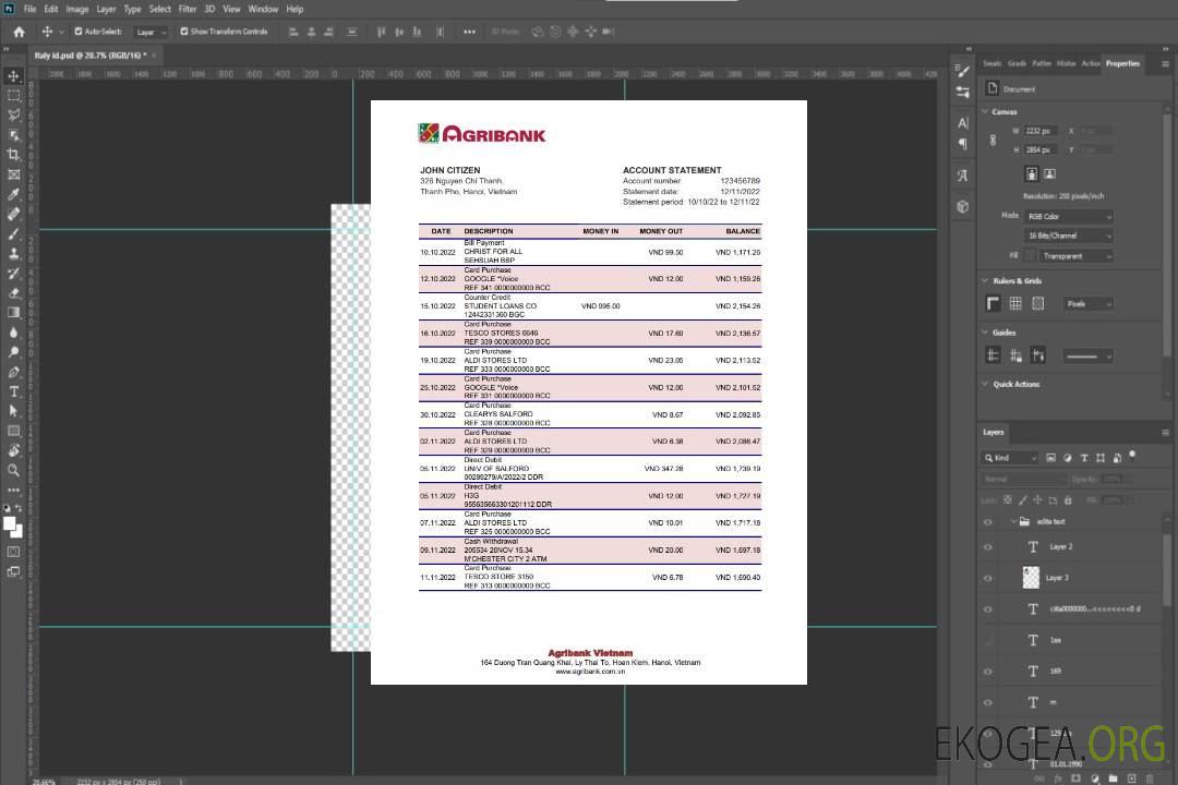 Relevé de la banque Vietnam Agribank template